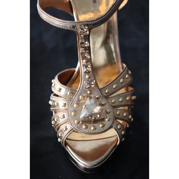 Miu Miu Womens Size 37 Gold Studded Sandals Open Toe Crystal Strap Stiletto Heel - Picture 4 of 12